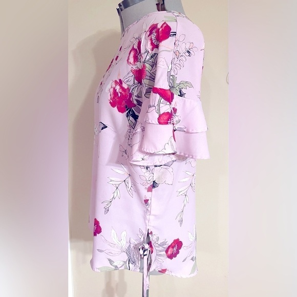 Maurices Floral Blouse Size Medium Ruffled Sleeves Tie Sides Lavender Chiffon - Picture 7 of 9